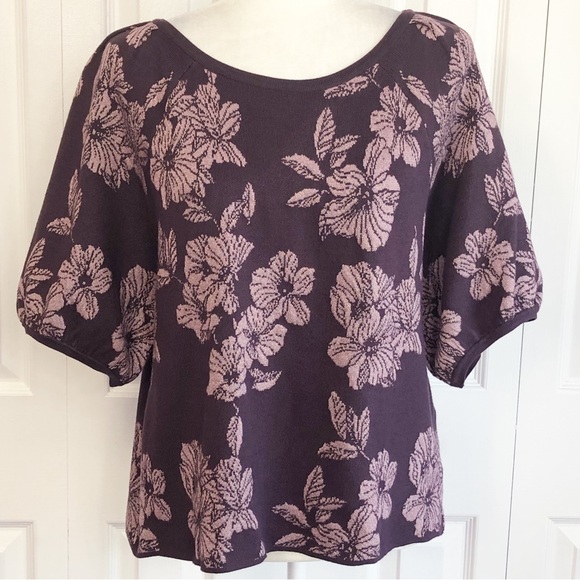 Liz Claiborne Purple & Pink Metallic Floral Puff Sleeve Sweater Large - Picture 1 of 16